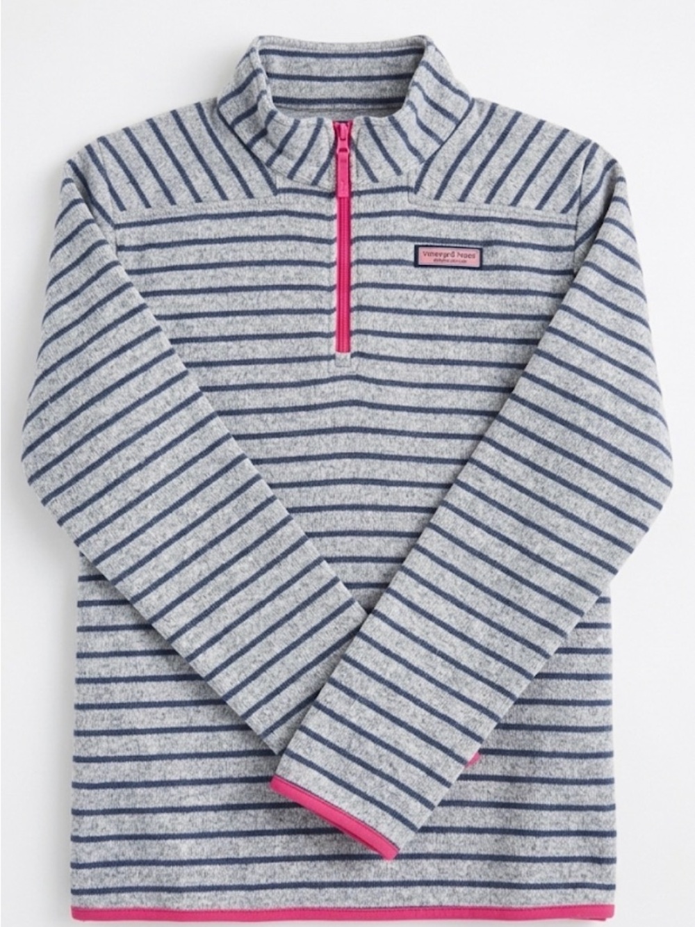 Vineyard Vines Gray & Navy Striped Half-Zip Pullover with Pink Accents